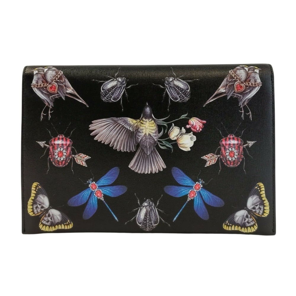 Alexander McQueen Black Leather Flower Animal Skull Clutch 554197 1090 - Picture 5 of 11